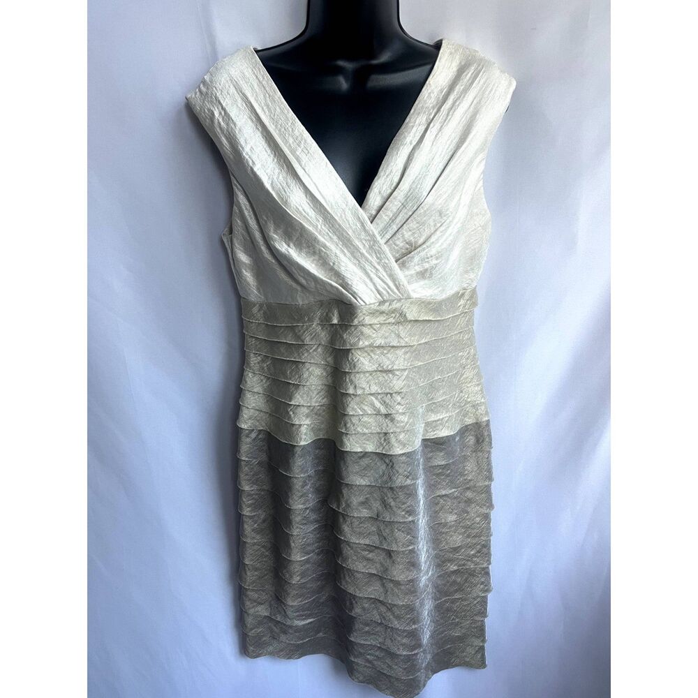 London Times Metallic Bodycon Beige Bandage Dress Size 10 Classy Tiered V Neck